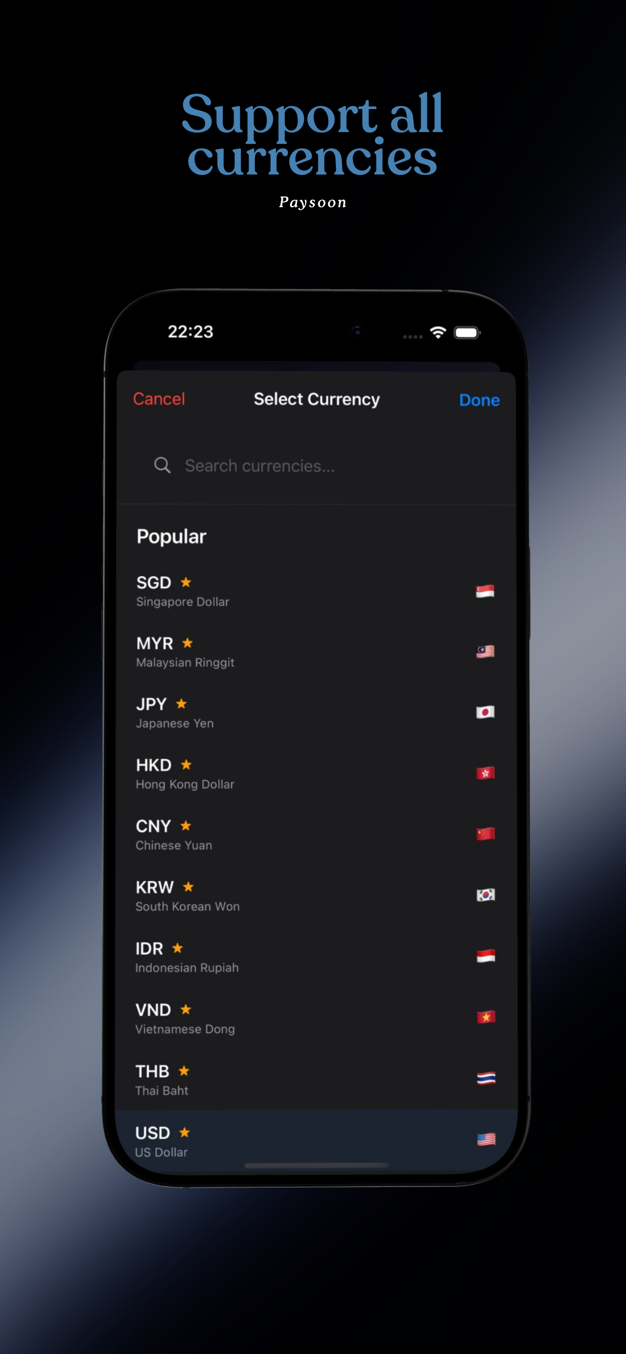 PaySoon currency selector with 150+ currencies