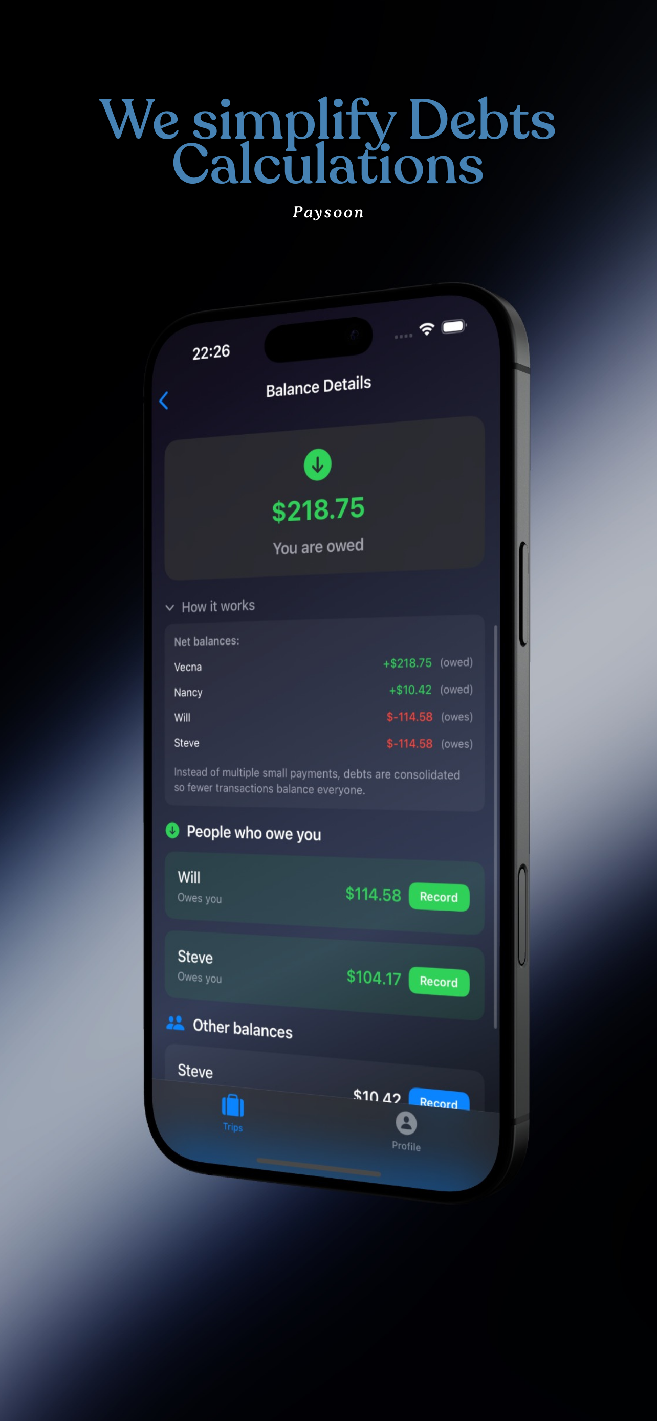 PaySoon debt simplification showing balance details