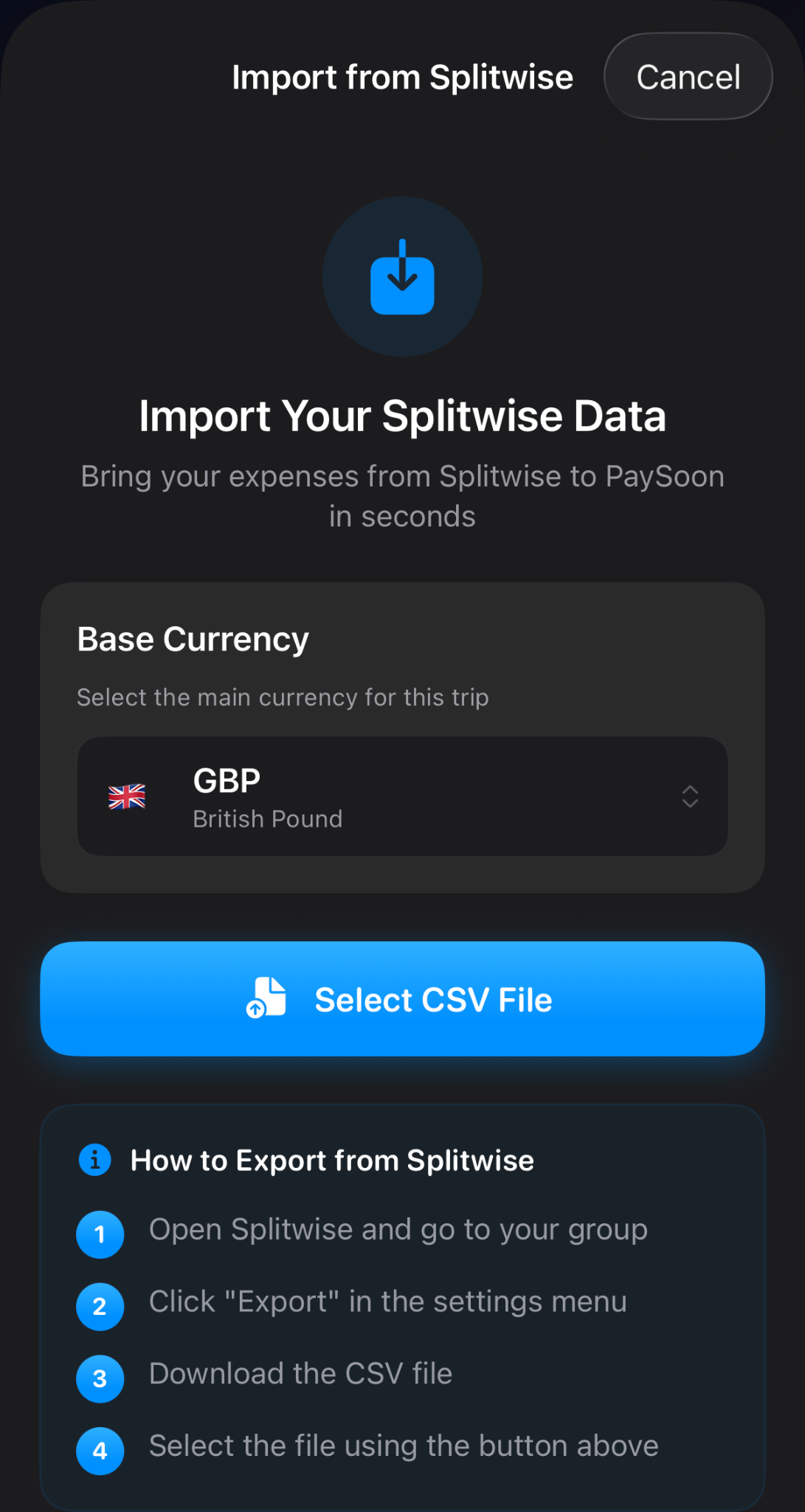 PaySoon's Import from Splitwise screen with a Select CSV File button