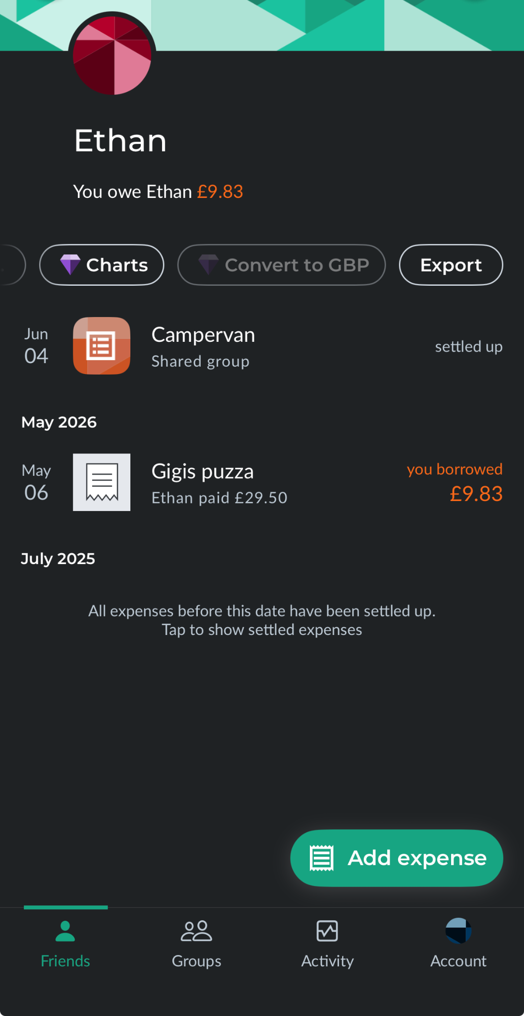 Splitwise group screen showing the Export button in the settings menu