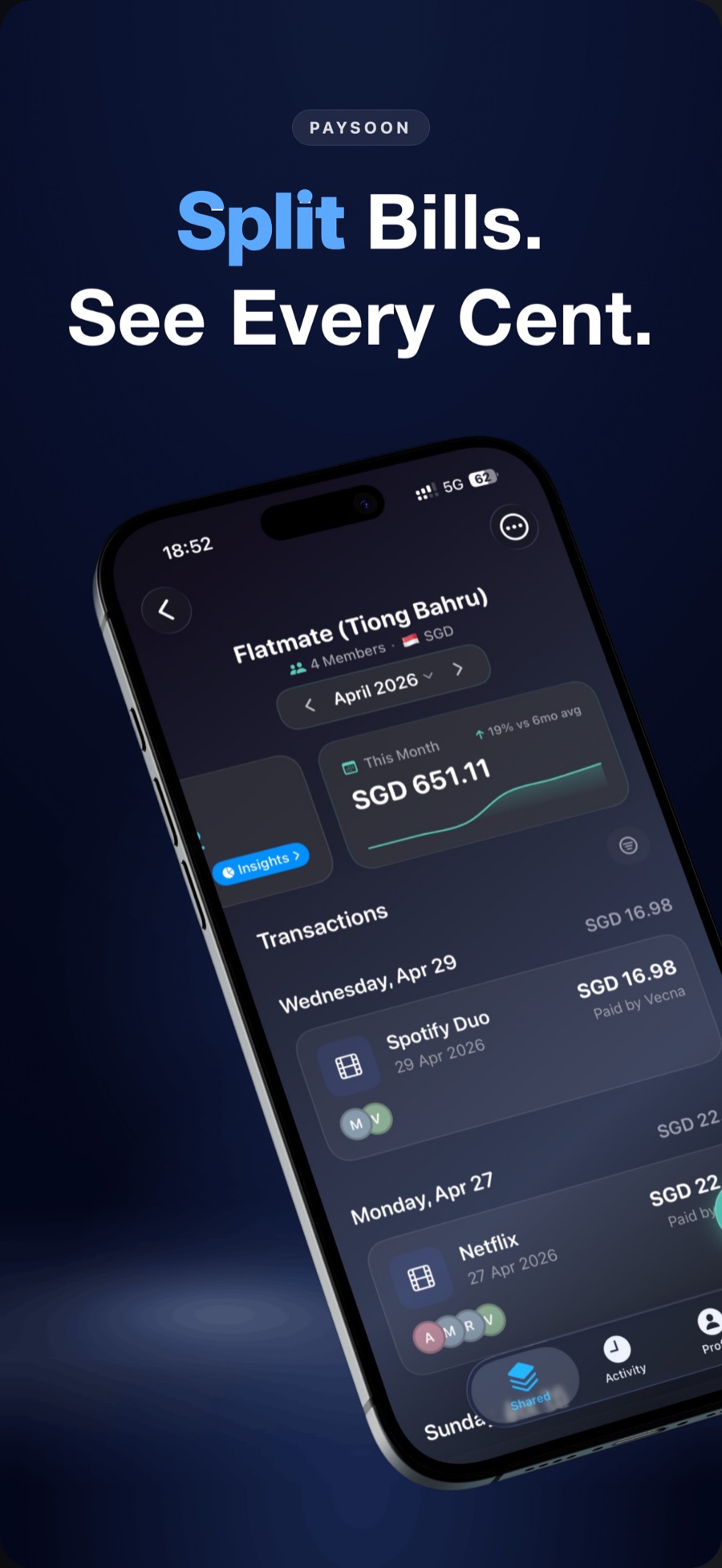 Transaction feed showing shared expenses split across a group