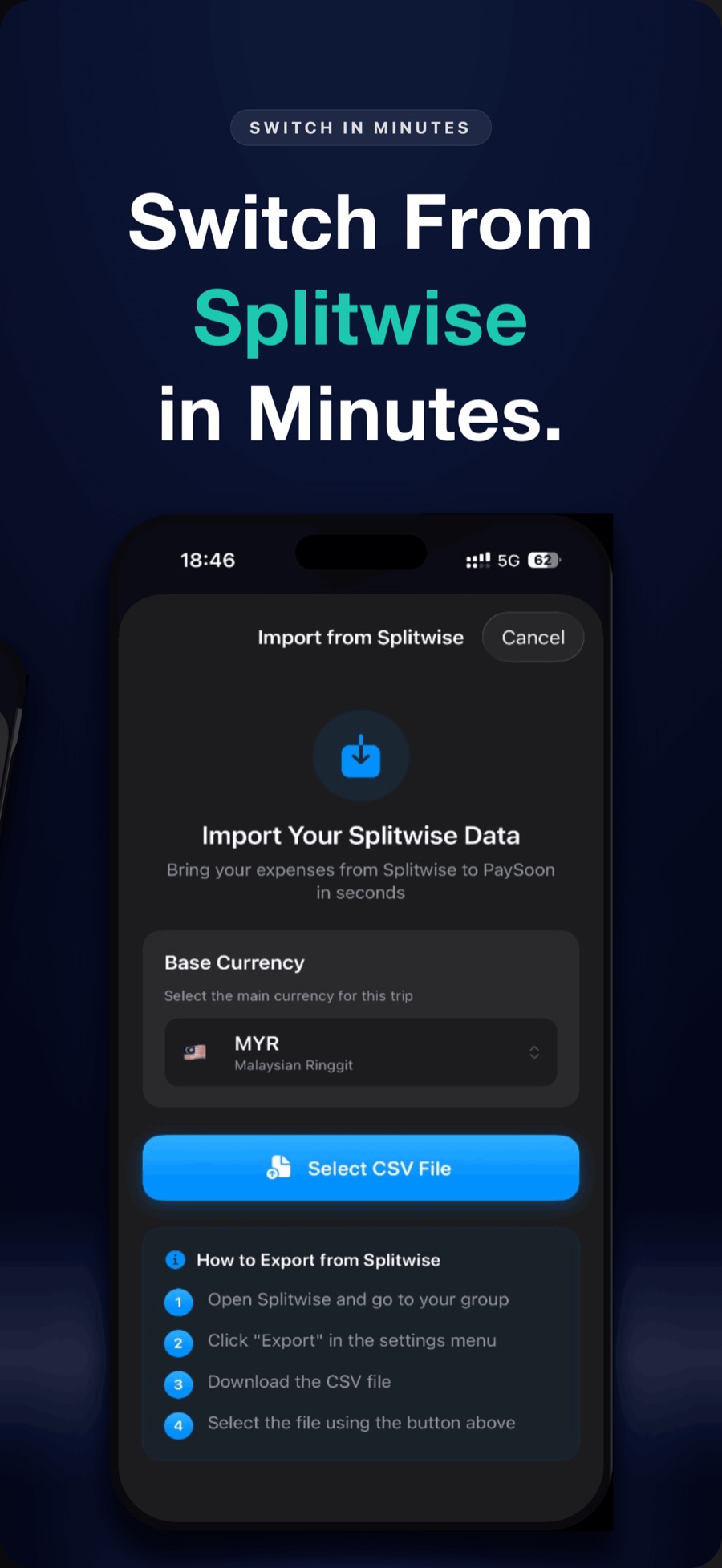 Splitwise CSV import screen
