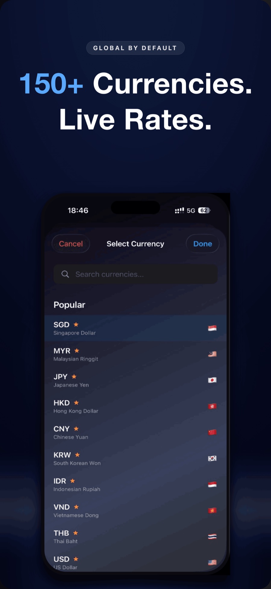 Currency picker with 150+ currencies and live rates