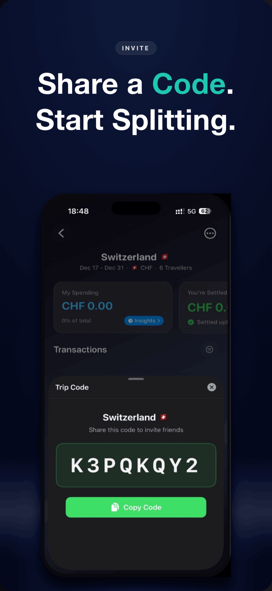 Invite code screen to start splitting with friends